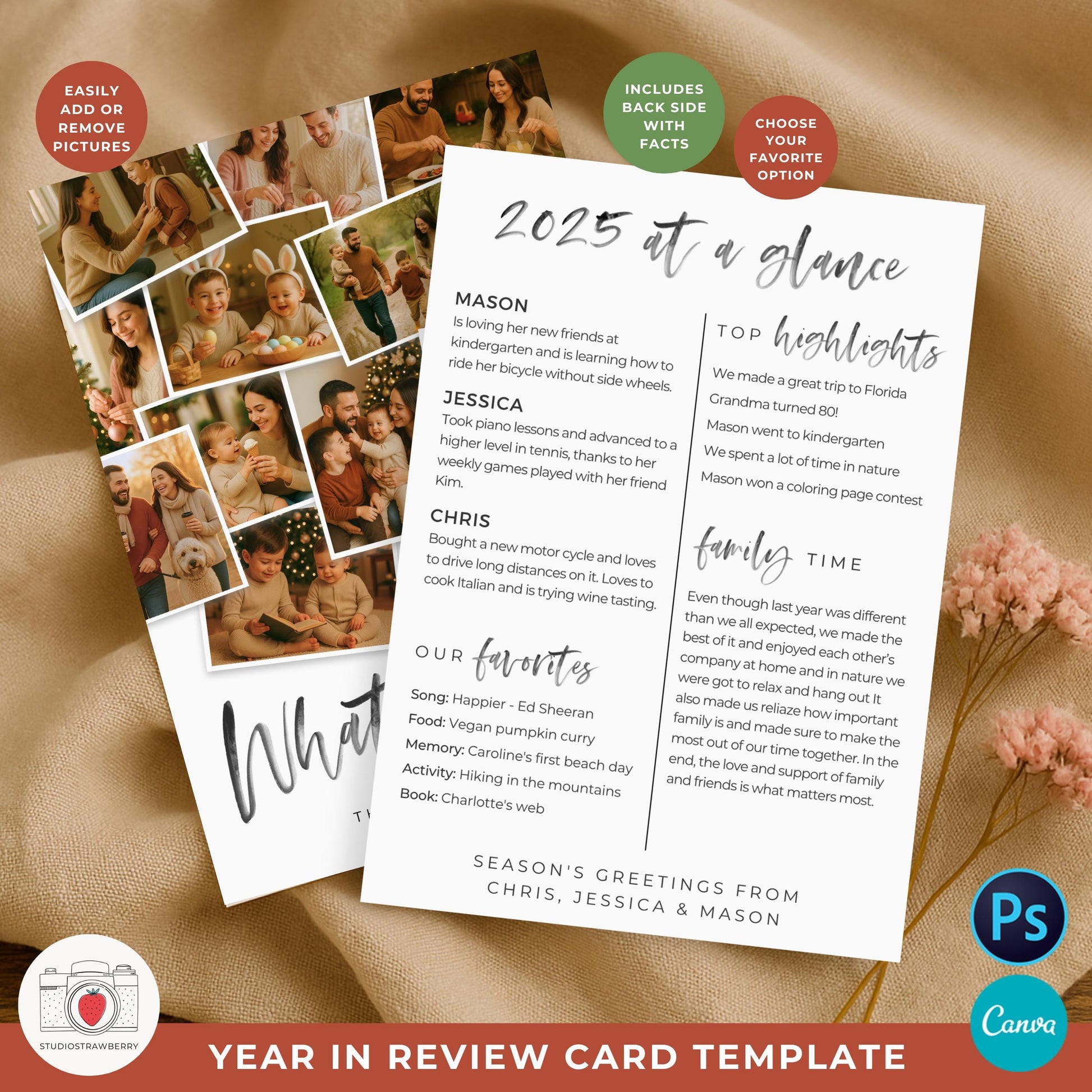 Family photo collage holiday card featuring modern neutral design.