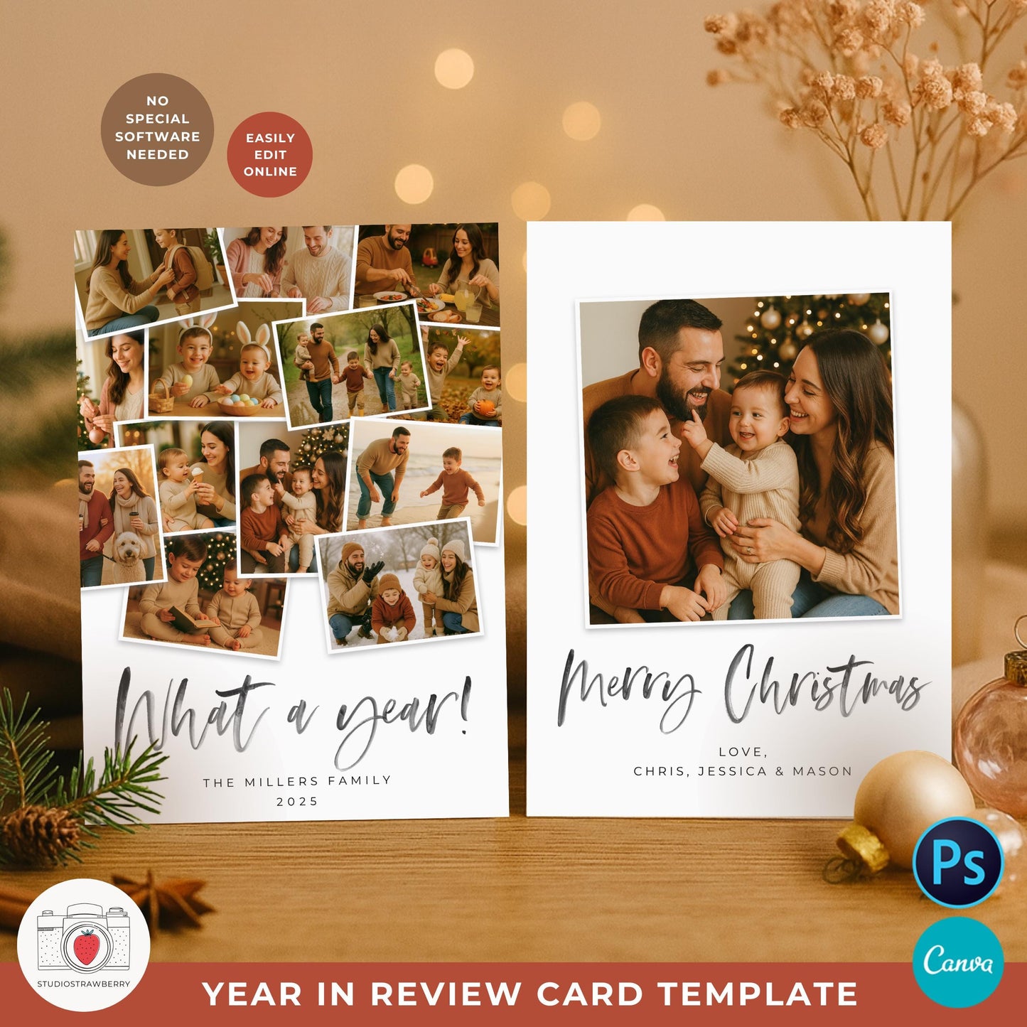 Editable year in review Christmas photo card template for families in Canva.
