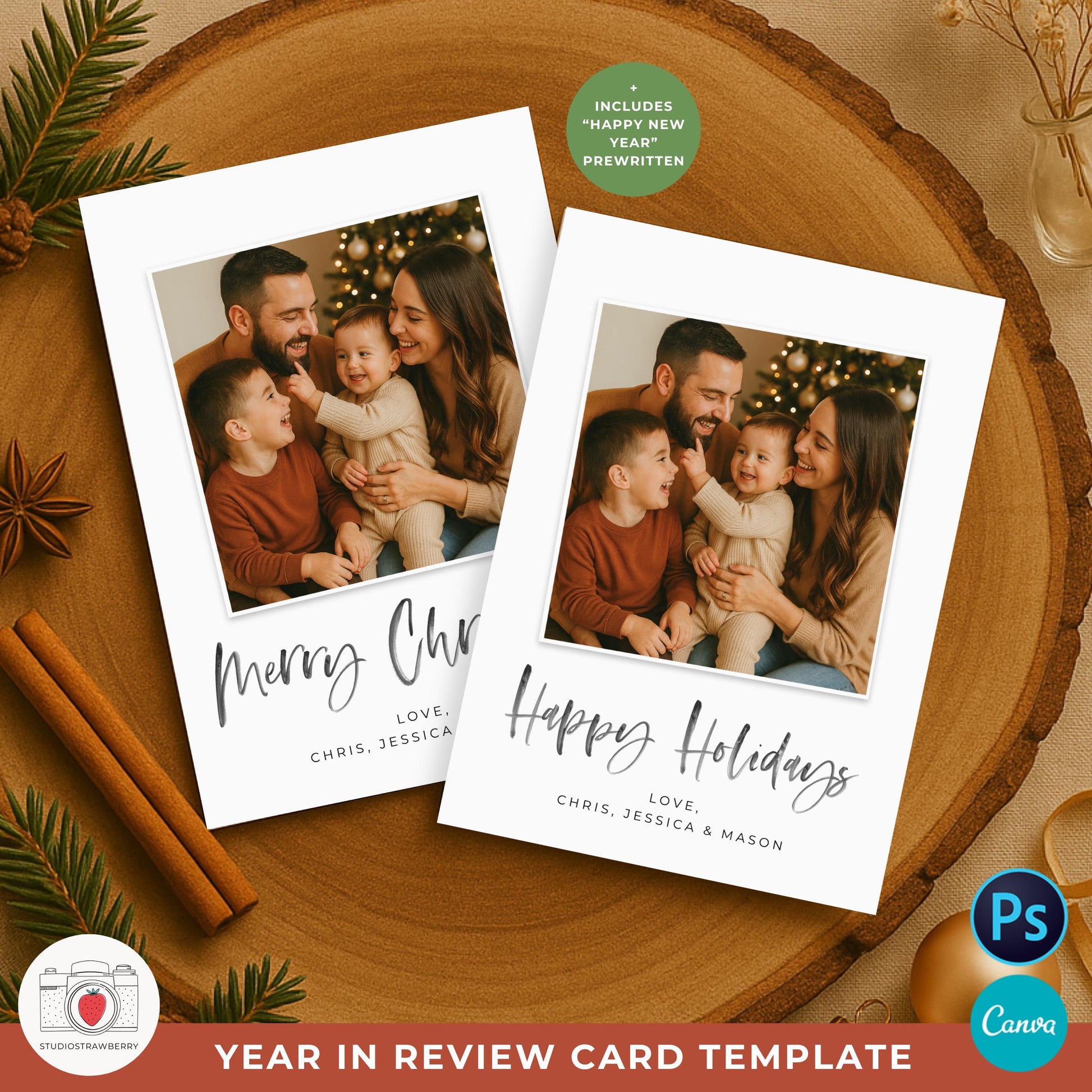 Personalized family Christmas photo card with space for 2025 message.