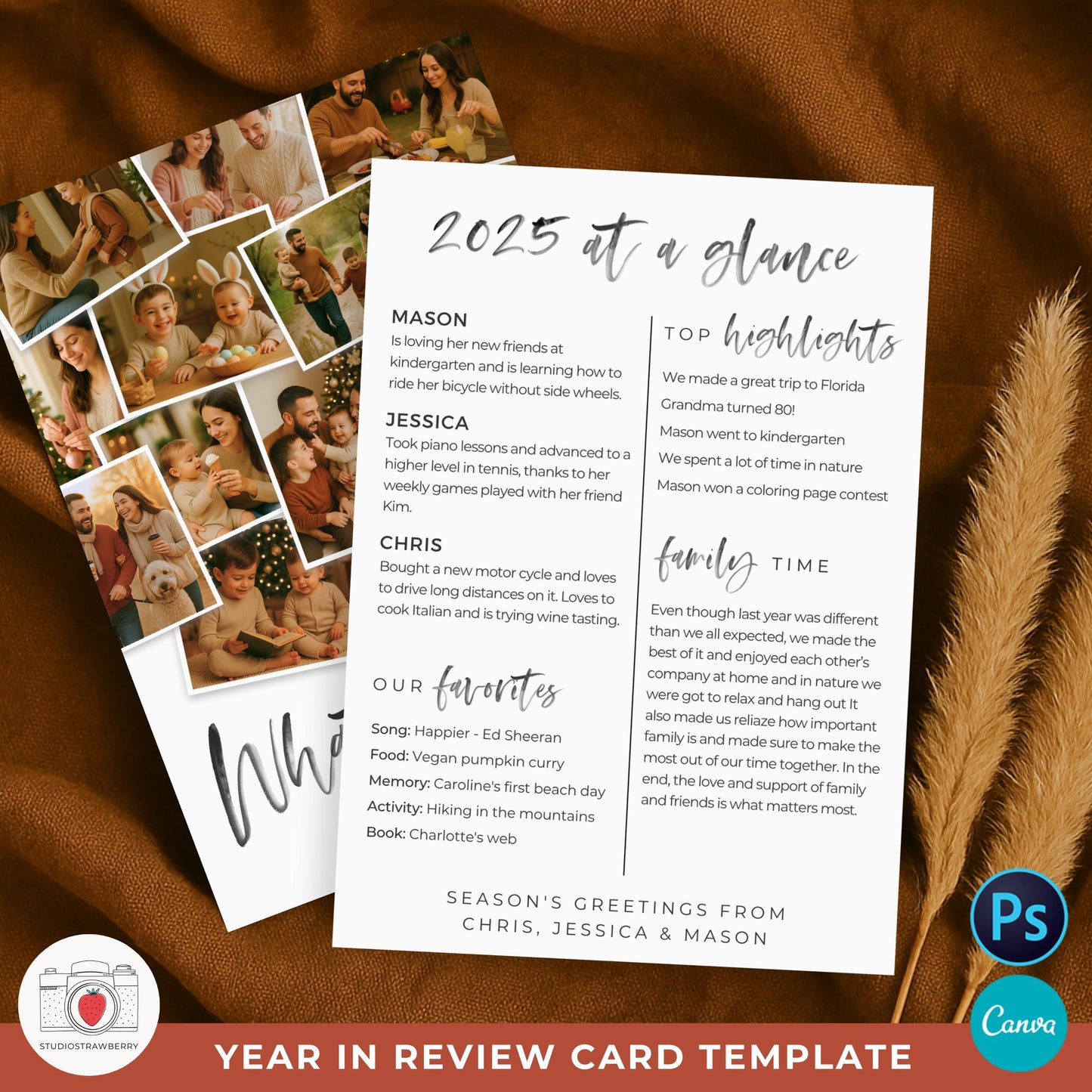 Custom family photo holiday card template with warm festive tones.