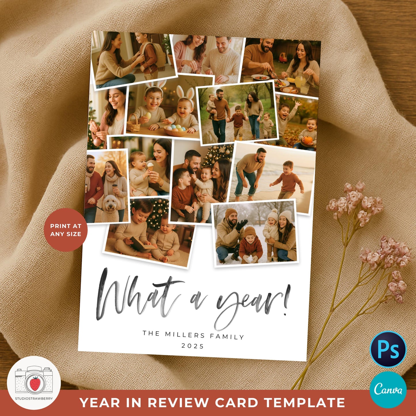 Printable year in review Christmas card with family pictures and modern text.
