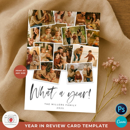 Printable year in review Christmas card with family pictures and modern text.
