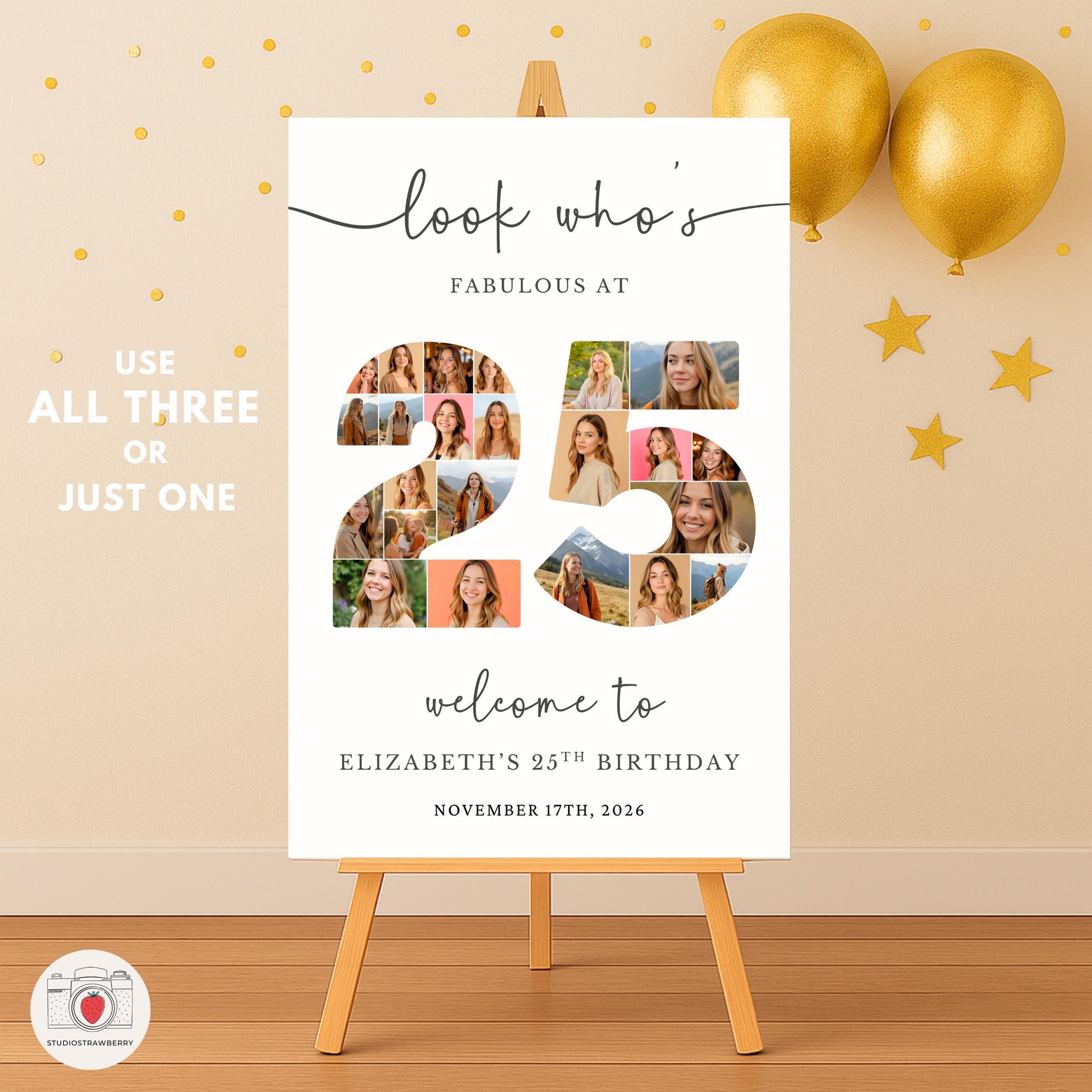 editable 25th birthday sign Canva template for printable party decorations