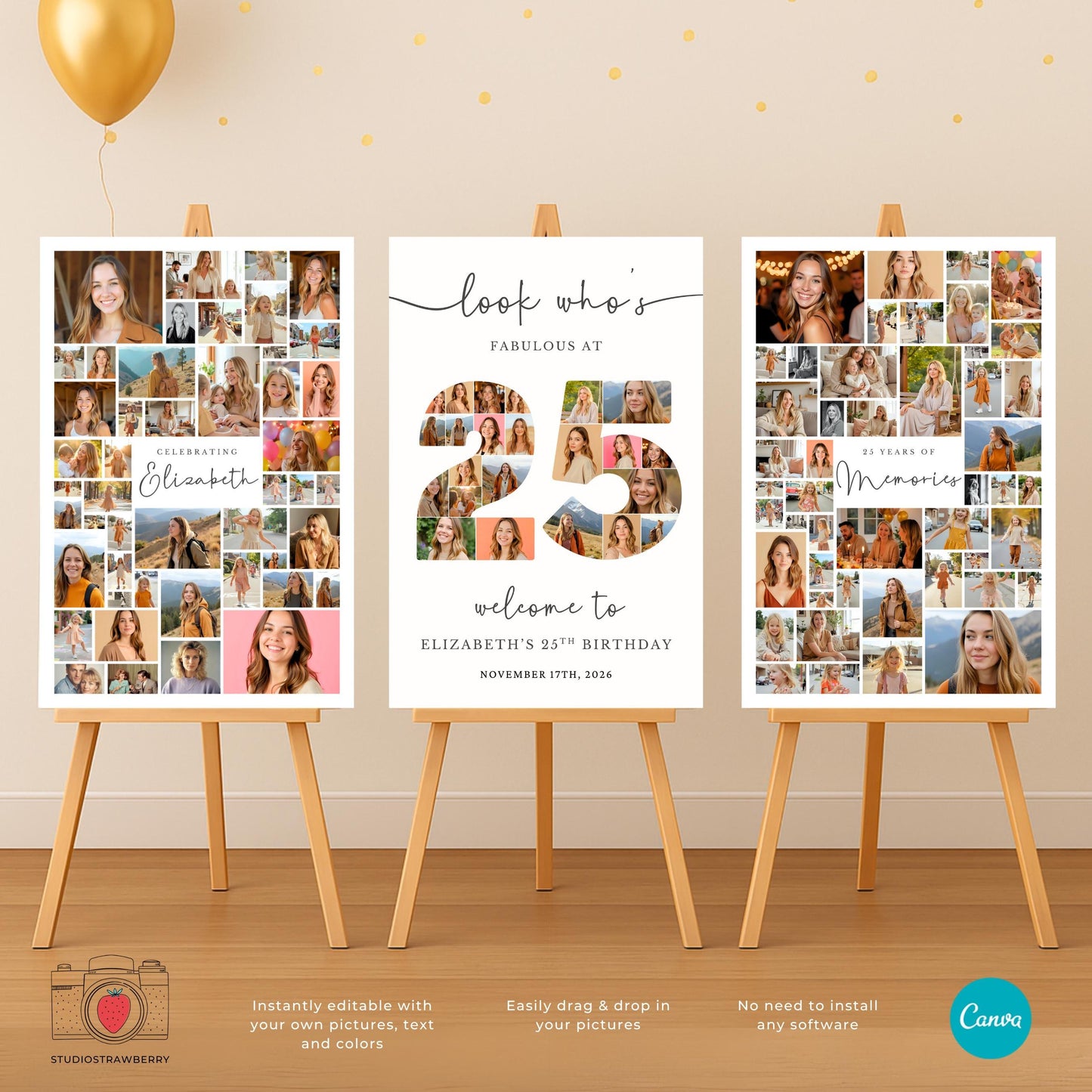 personalized 25th birthday poster with custom photos and modern layout