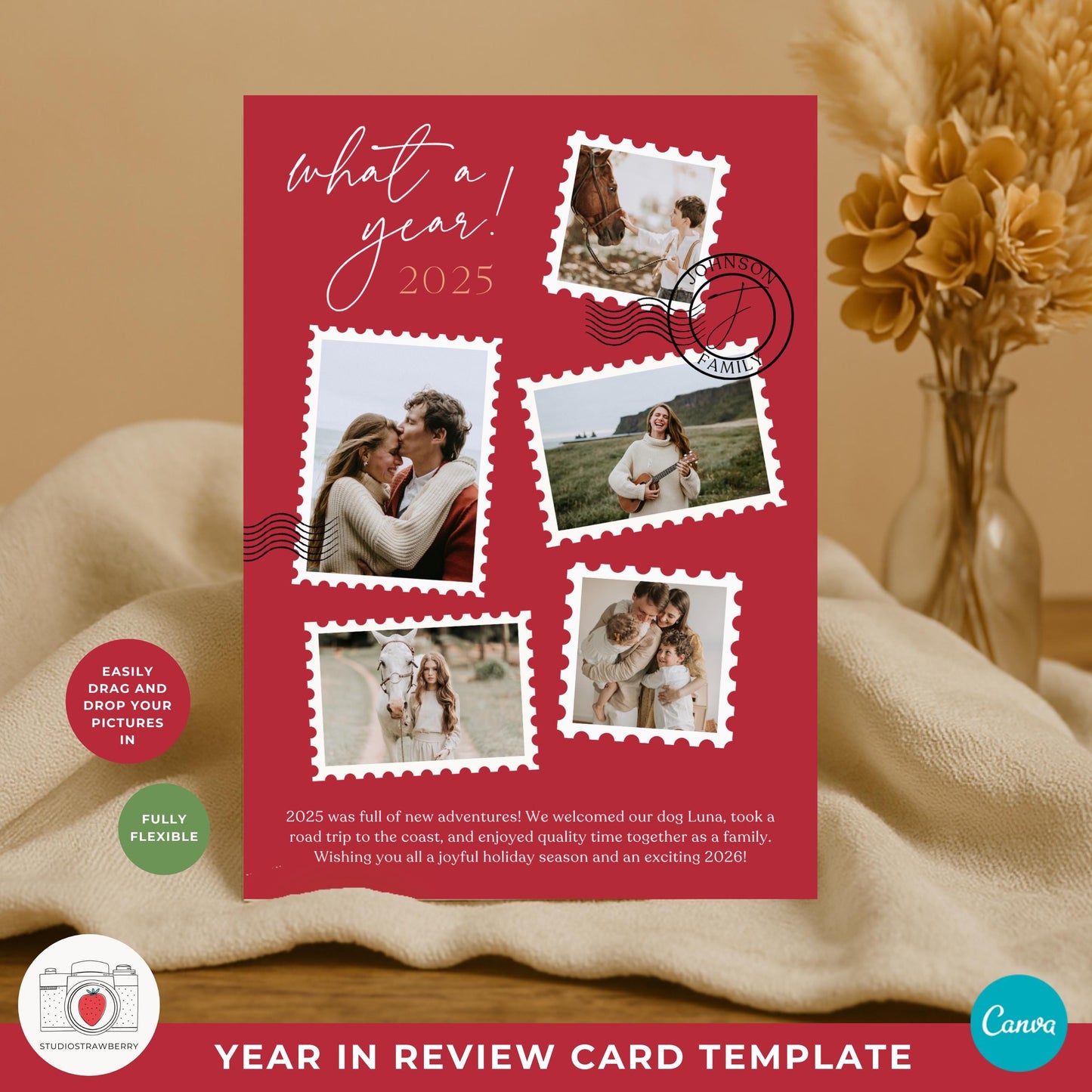 Printable year in review photo card for holiday greetings with customizable text and images.