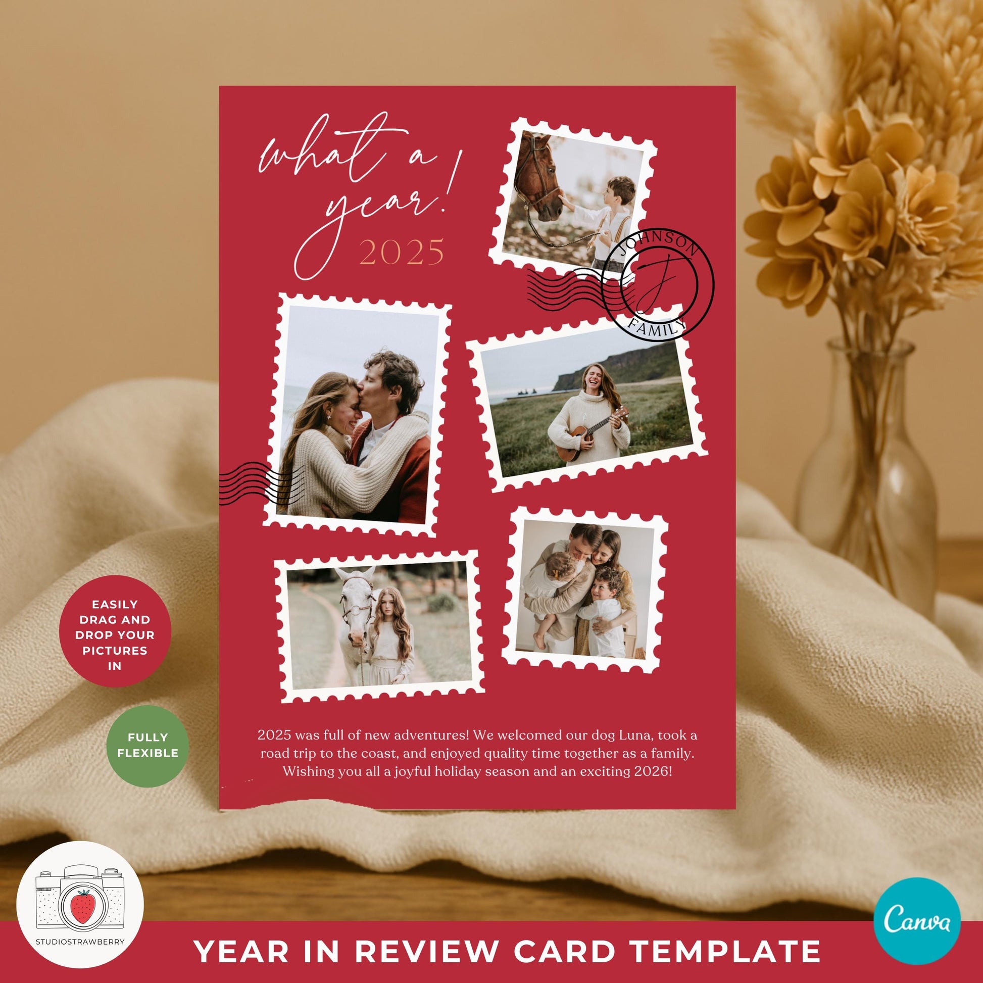 Printable year in review photo card for holiday greetings with customizable text and images.