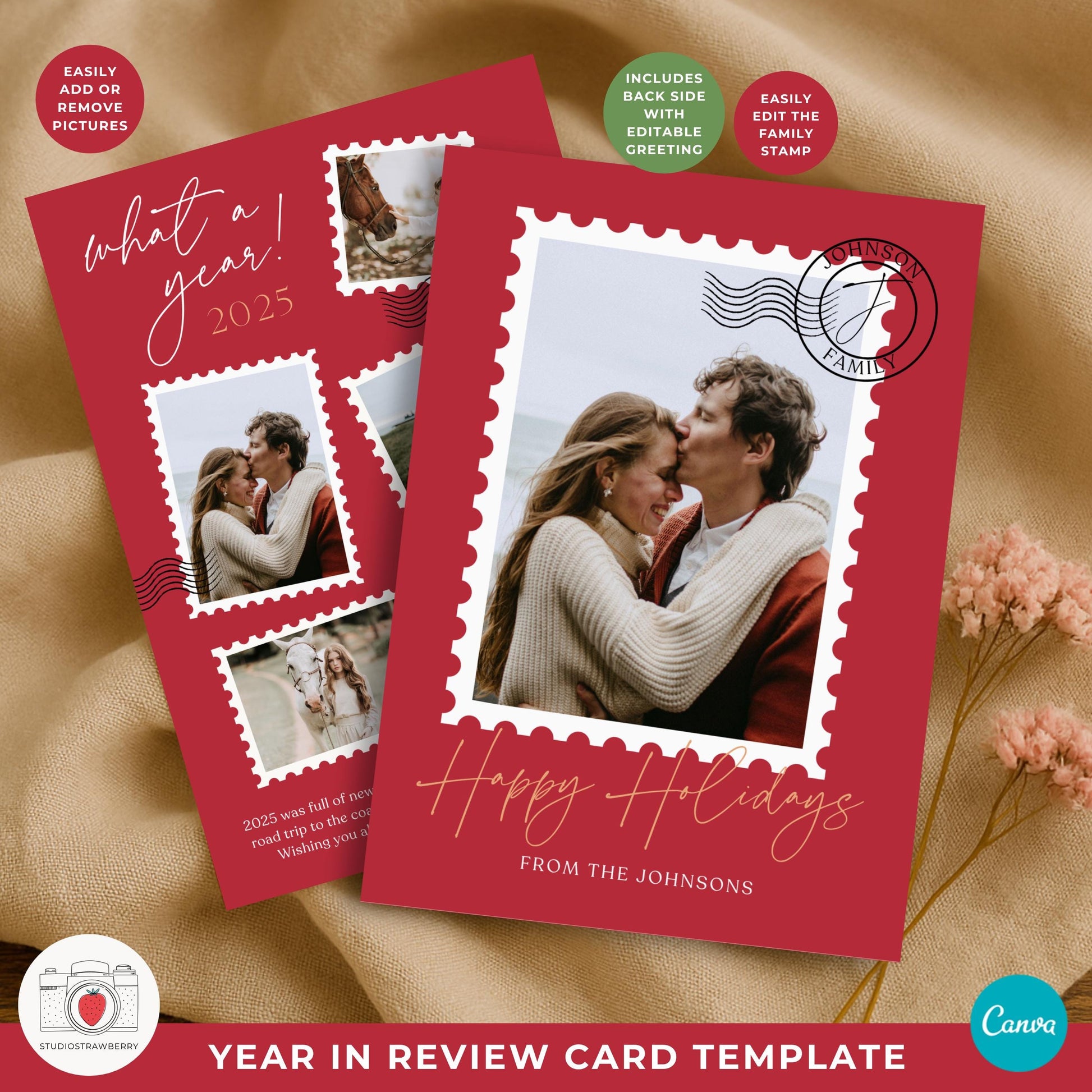 Family photo Christmas card template perfect for sharing yearly highlights and memories.