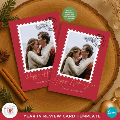 Modern Canva holiday card template with stamp-style frames and elegant typography.