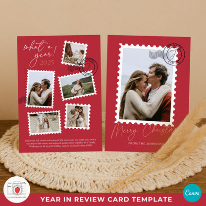 Editable family Christmas card design showcasing multiple pictures and handwritten script.