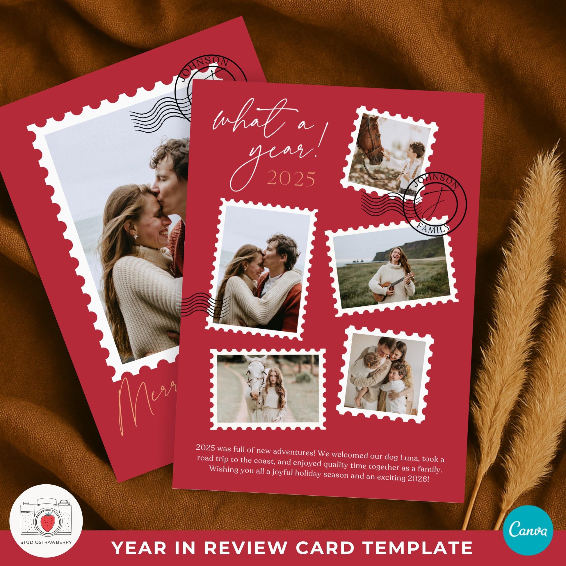 Year in review Christmas card template with modern red design and family photo collage.