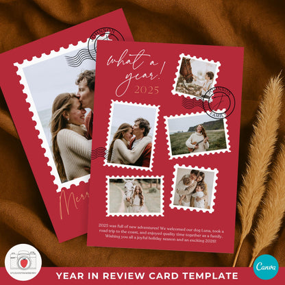 Year in review Christmas card template with modern red design and family photo collage.