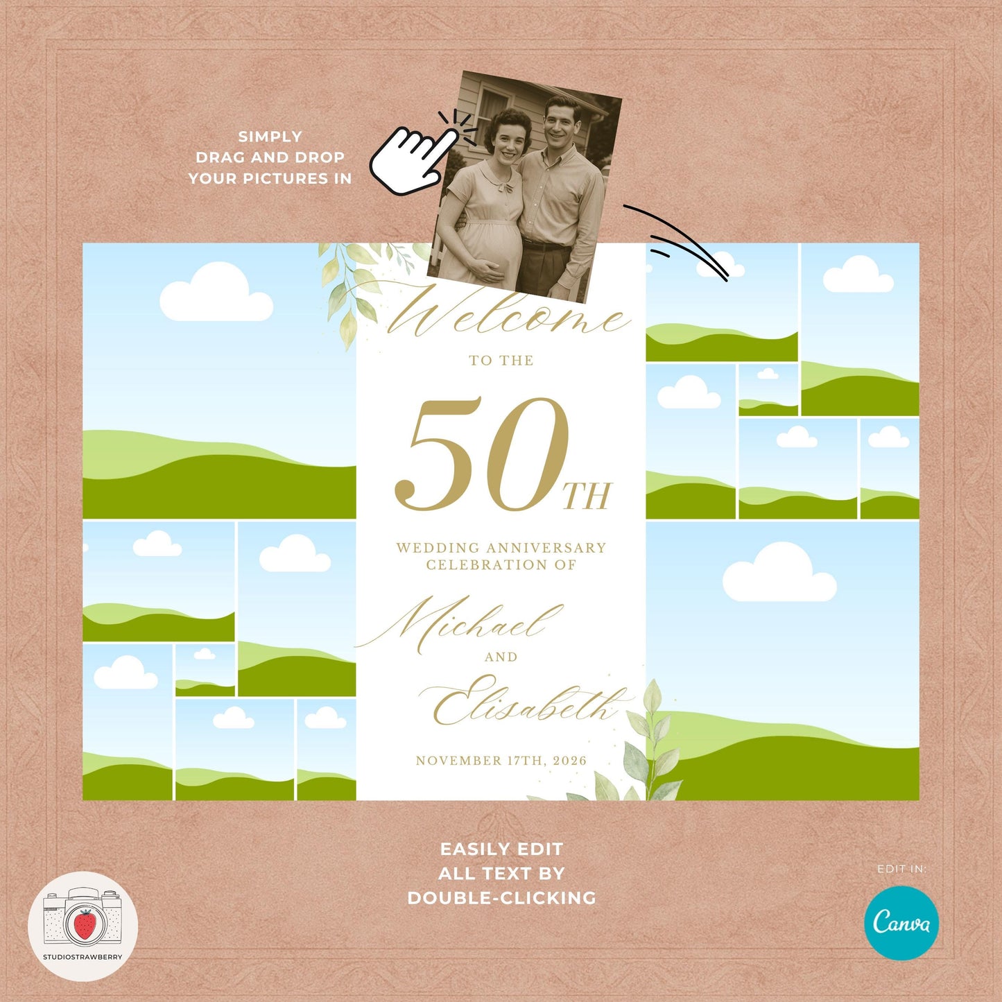 Anniversary welcome sign with photos showing couple through the years, editable in Canva.