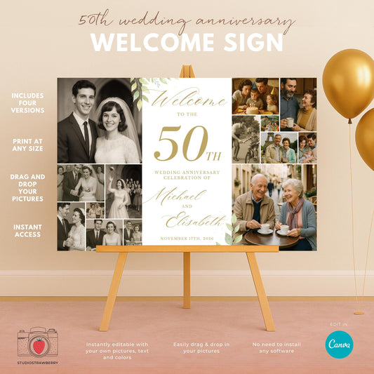 Elegant 50th wedding anniversary welcome sign template with gold text and vintage couple photos.