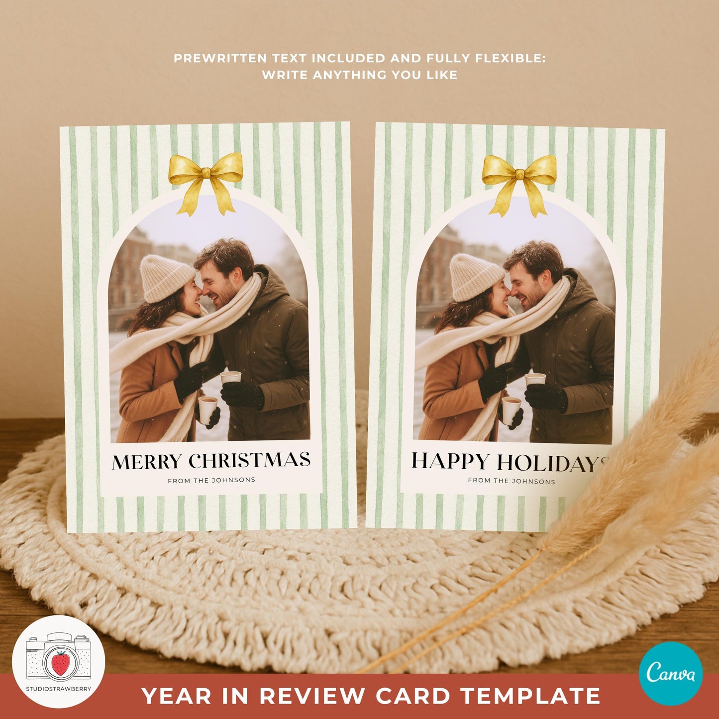 Merry Christmas and Happy Holidays photo card templates editable in Canva.