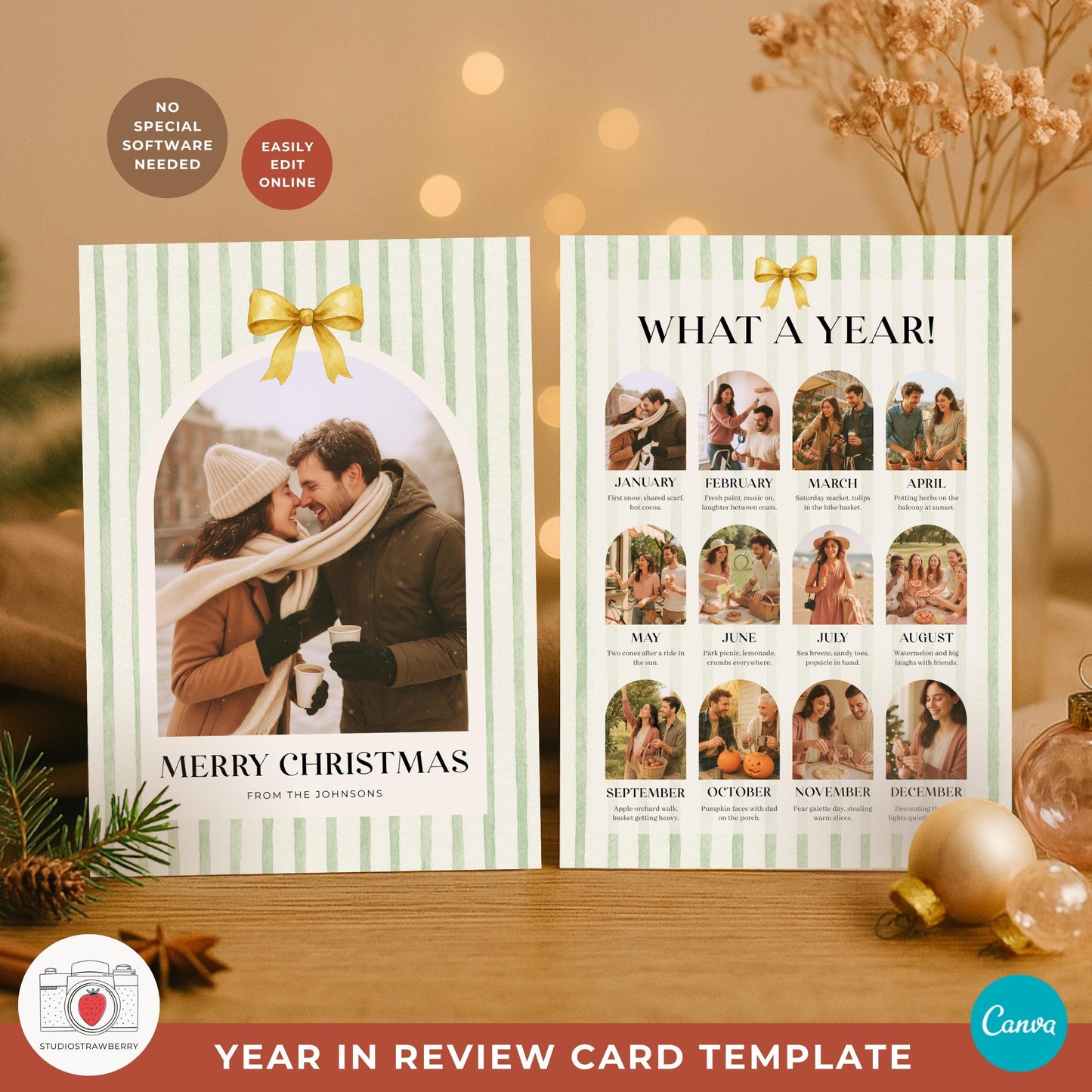 Holiday photo card template featuring yearly highlights and 12 photo collage layout.