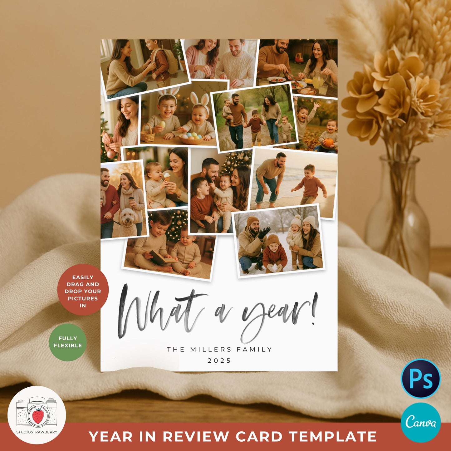 Printable Christmas photo card template perfect for sharing yearly memories.
