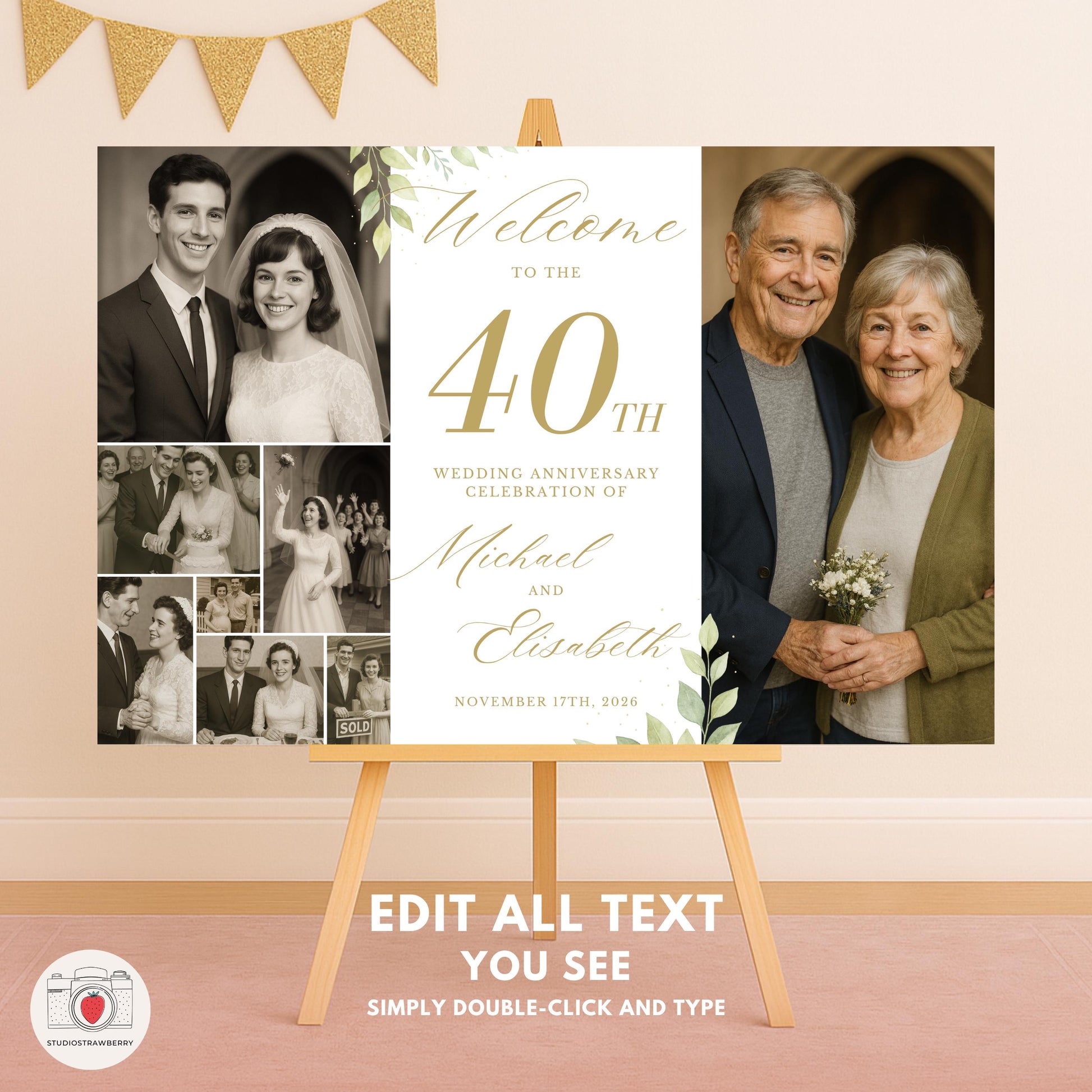 Custom wedding anniversary welcome poster with couple photos and modern typography.