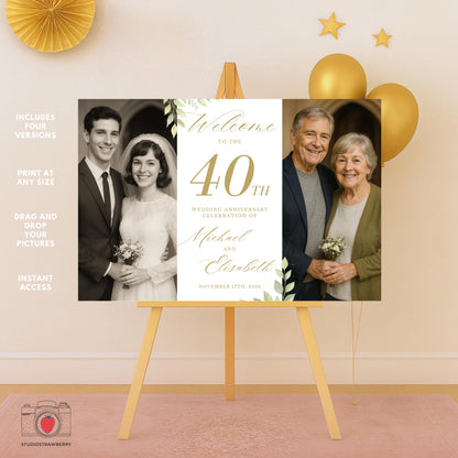 Gold 40th anniversary welcome board template for a wedding anniversary party.