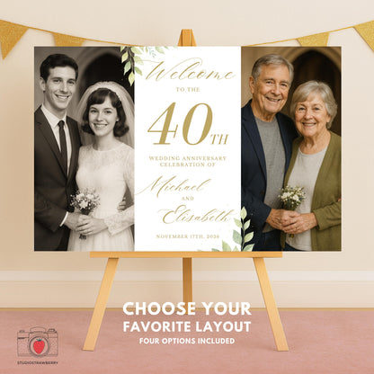 40th anniversary welcome sign Canva template with gold and green leaf accents.