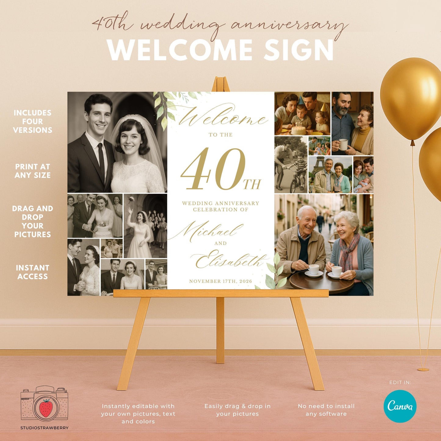 Elegant 40th wedding anniversary welcome sign with gold text and photo collage template.