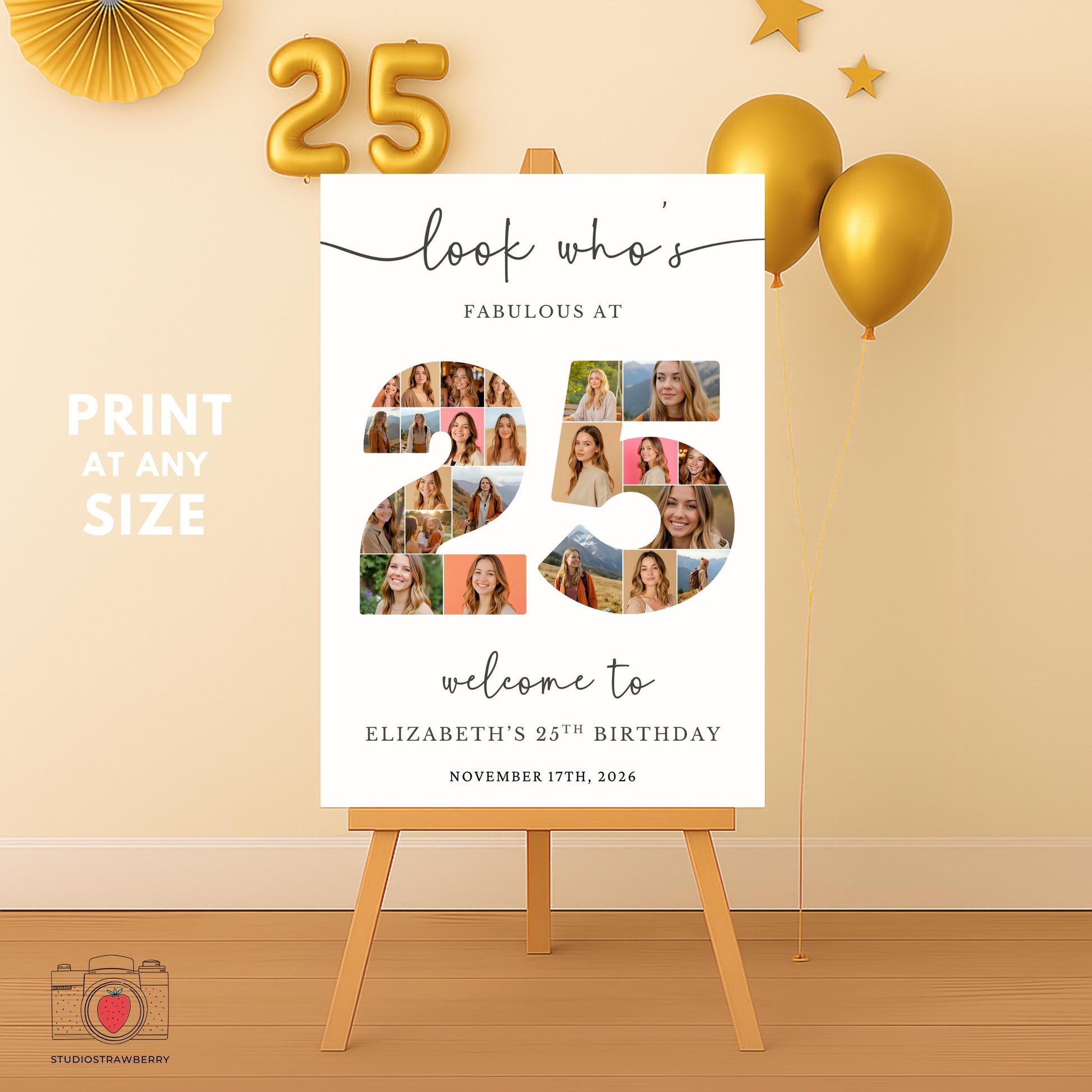 25th birthday photo collage poster editable in Canva for women’s birthday party