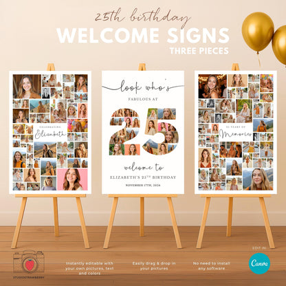 25th birthday welcome sign template with elegant photo collage for party decor