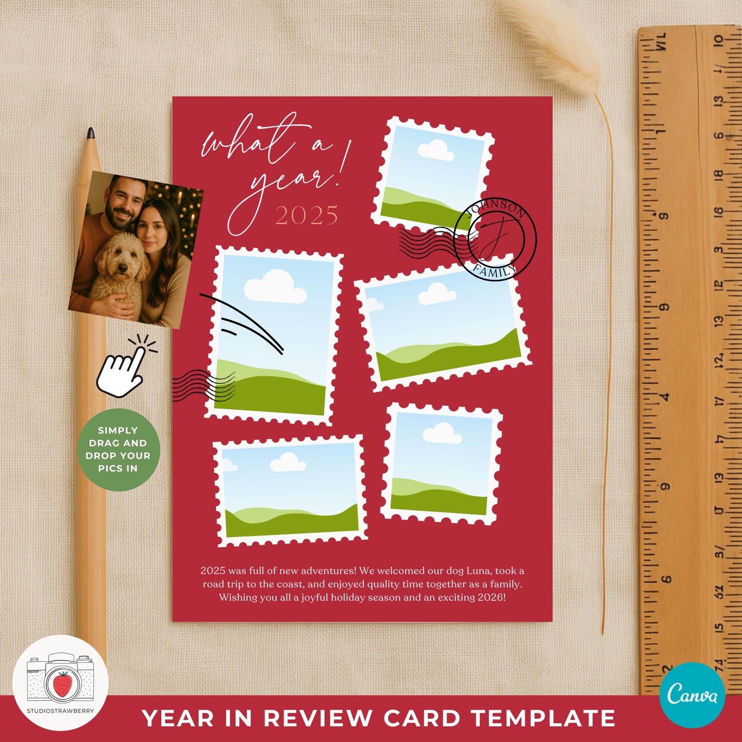 Red Christmas card with photo collage template ideal for festive family holiday cards.