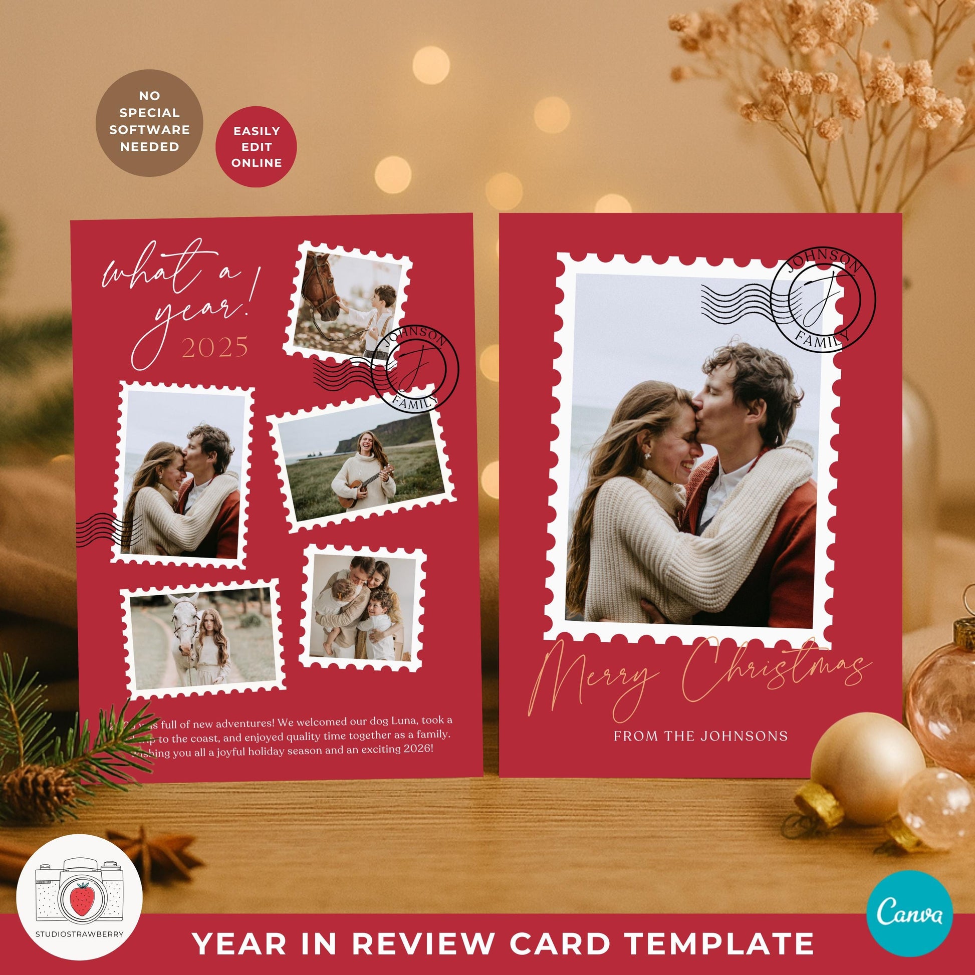 Postage stamp photo holiday card featuring editable family pictures and festive layout.