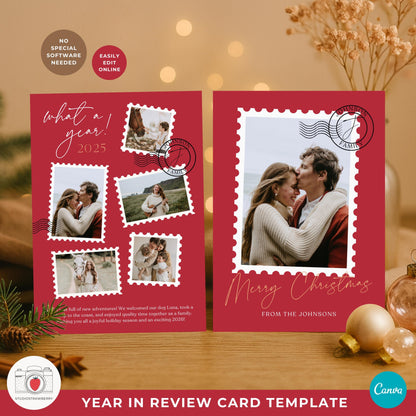 Postage stamp photo holiday card featuring editable family pictures and festive layout.