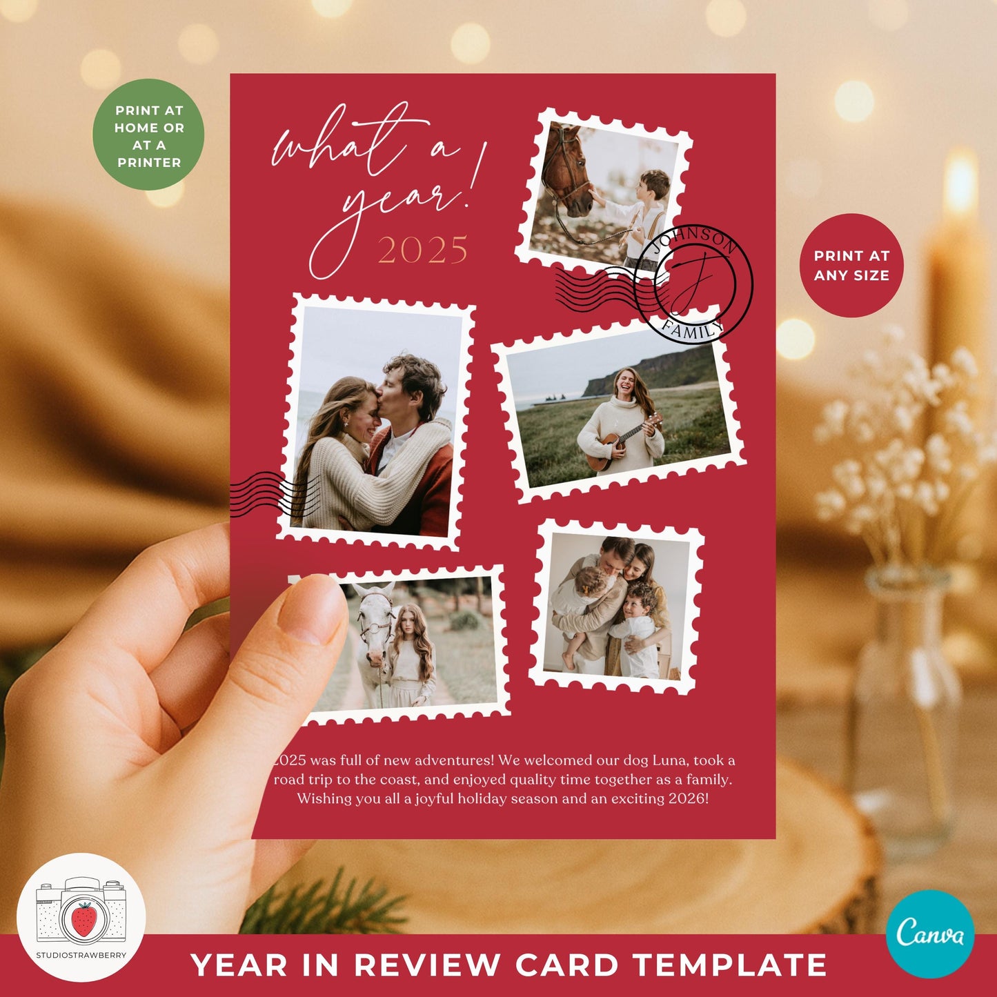 Personalized New Year photo card template in Canva for printing or digital sharing.