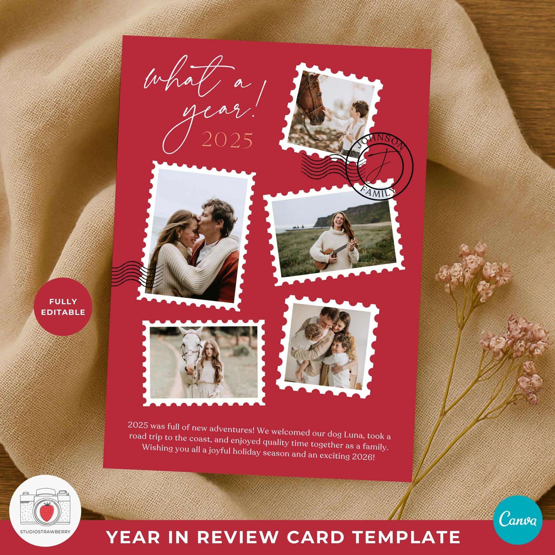 Festive postcard style Christmas card template inspired by vintage postage design.