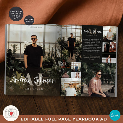 Canva yearbook ad template for boys with customizable text and photos.