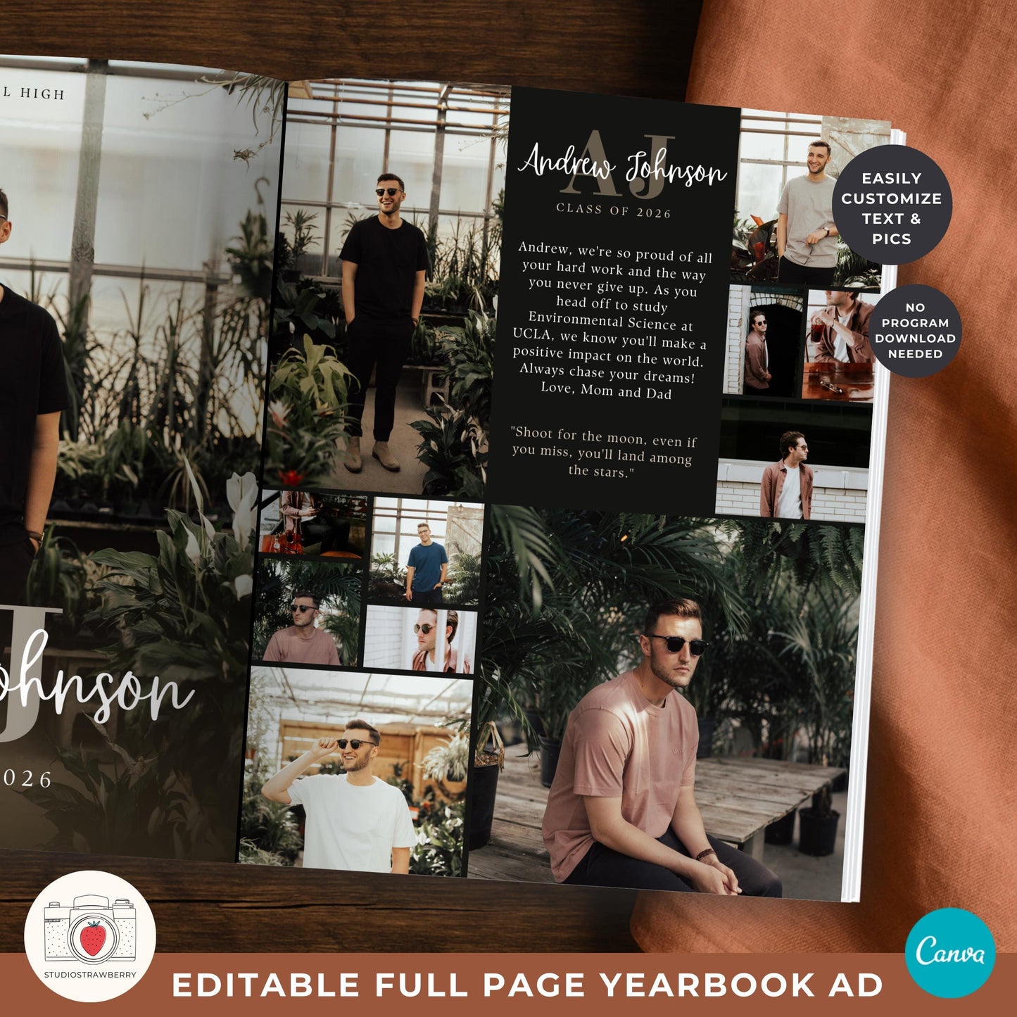 Stylish monogram yearbook page for guys with strong type and photos.