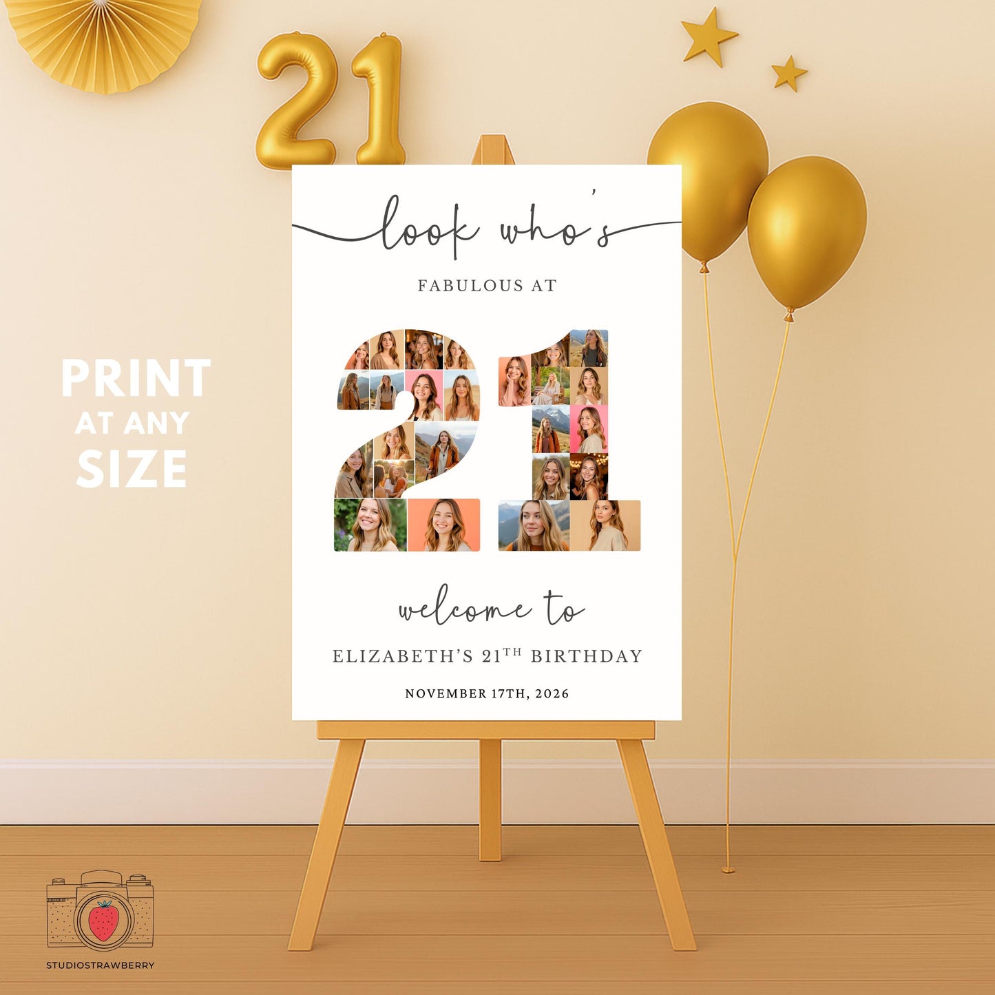 21st birthday photo collage poster template for personalized party decor.