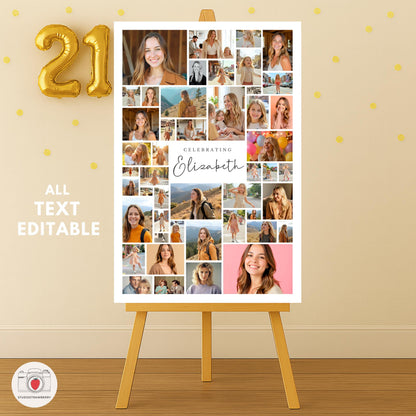 Customizable 21st birthday sign with collage layout and large photo area.