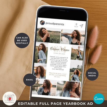 Printable full page graduation ad template with clean design and photo collage.