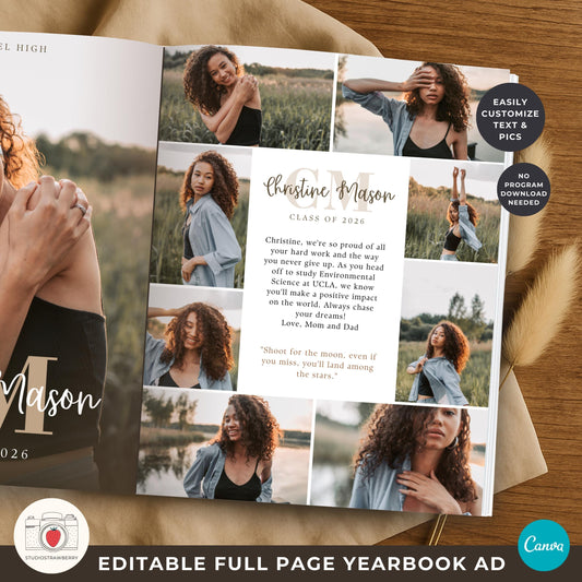 Monogram graduation yearbook ad template with full page senior tribute layout for teens.