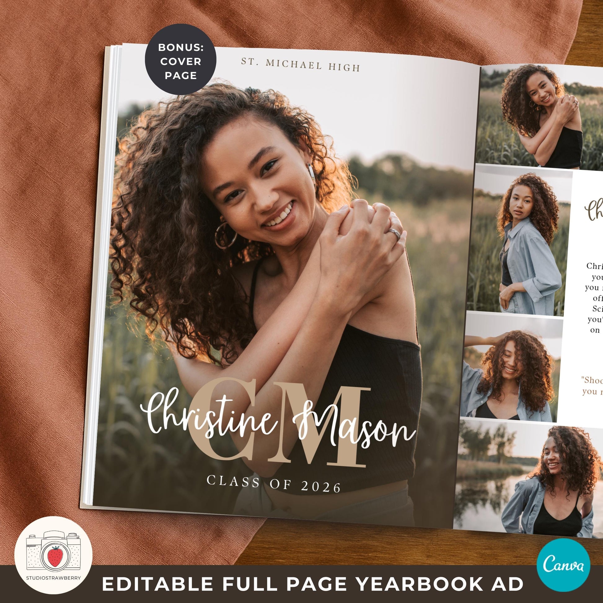 Senior yearbook ad photo collage design showing editable picture frames and graduation message space.