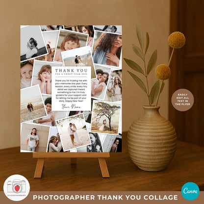 Editable photographer thank you collage Canva template with customizable text and photos.