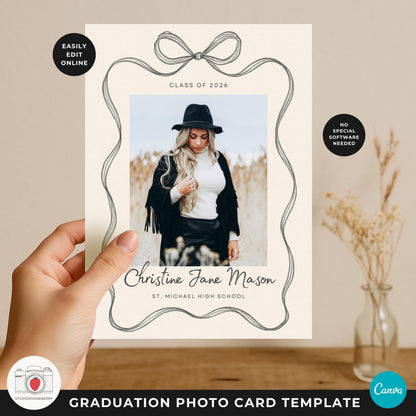 Front of hand drawn bow graduation card template with senior photo.