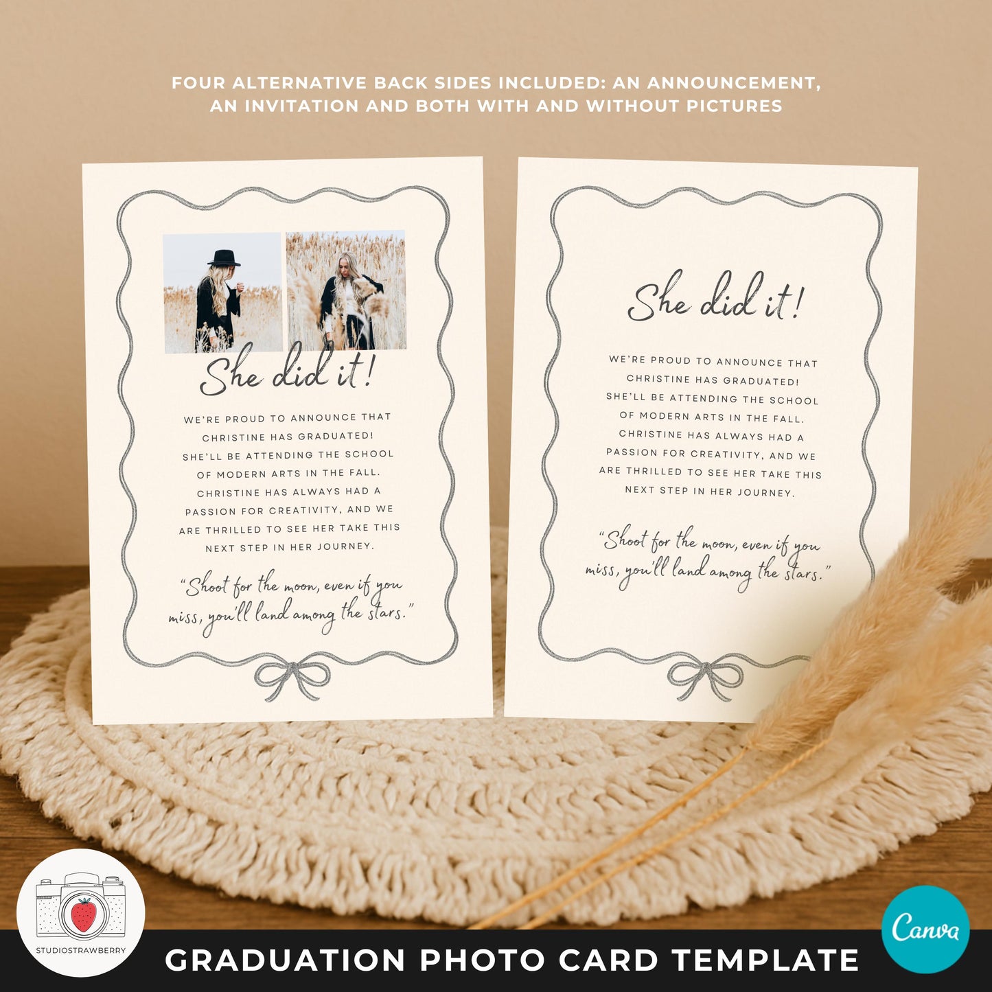 Elegant bow graduation announcement template with hand drawn border.