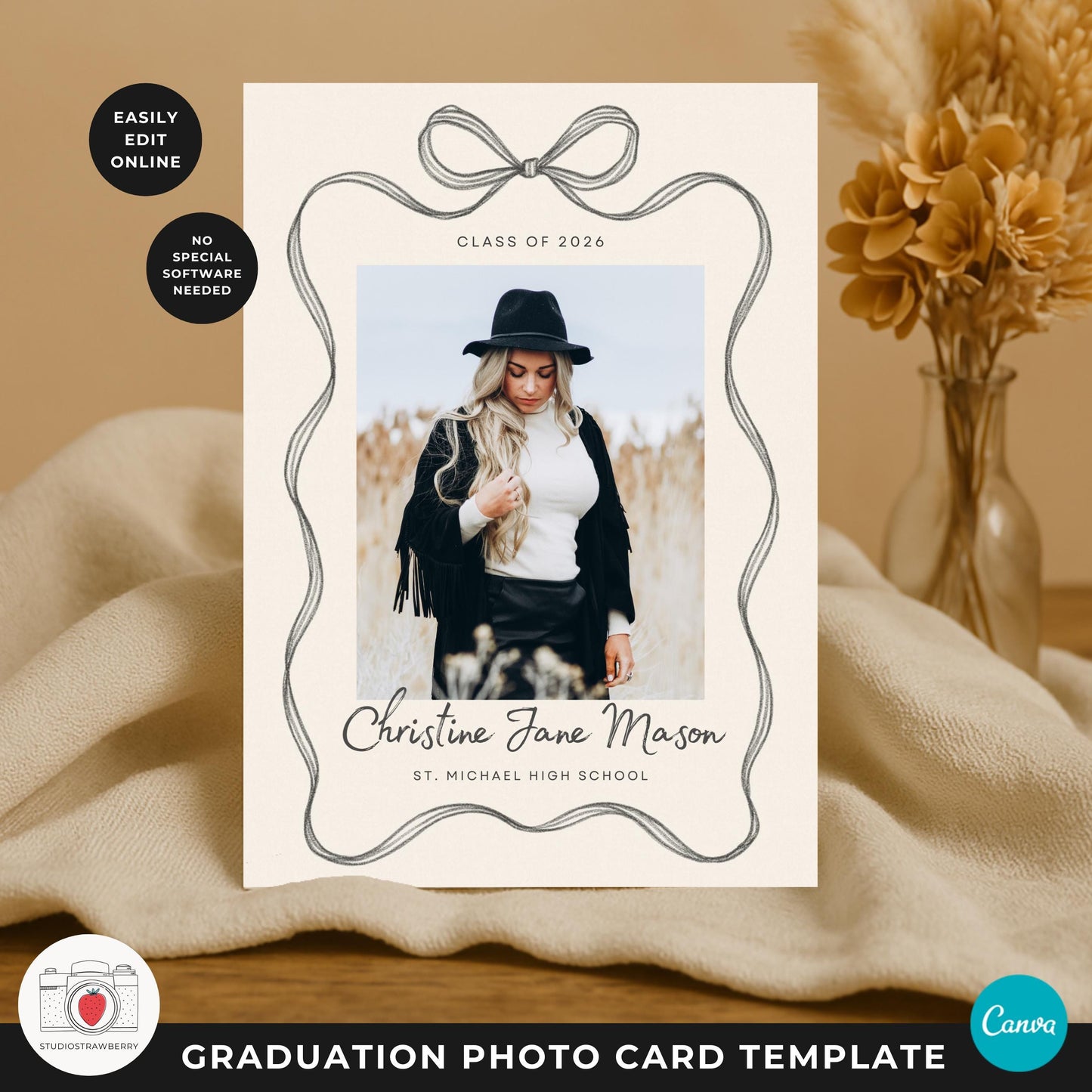 Graduation party invitation card featuring a hand drawn bow design.