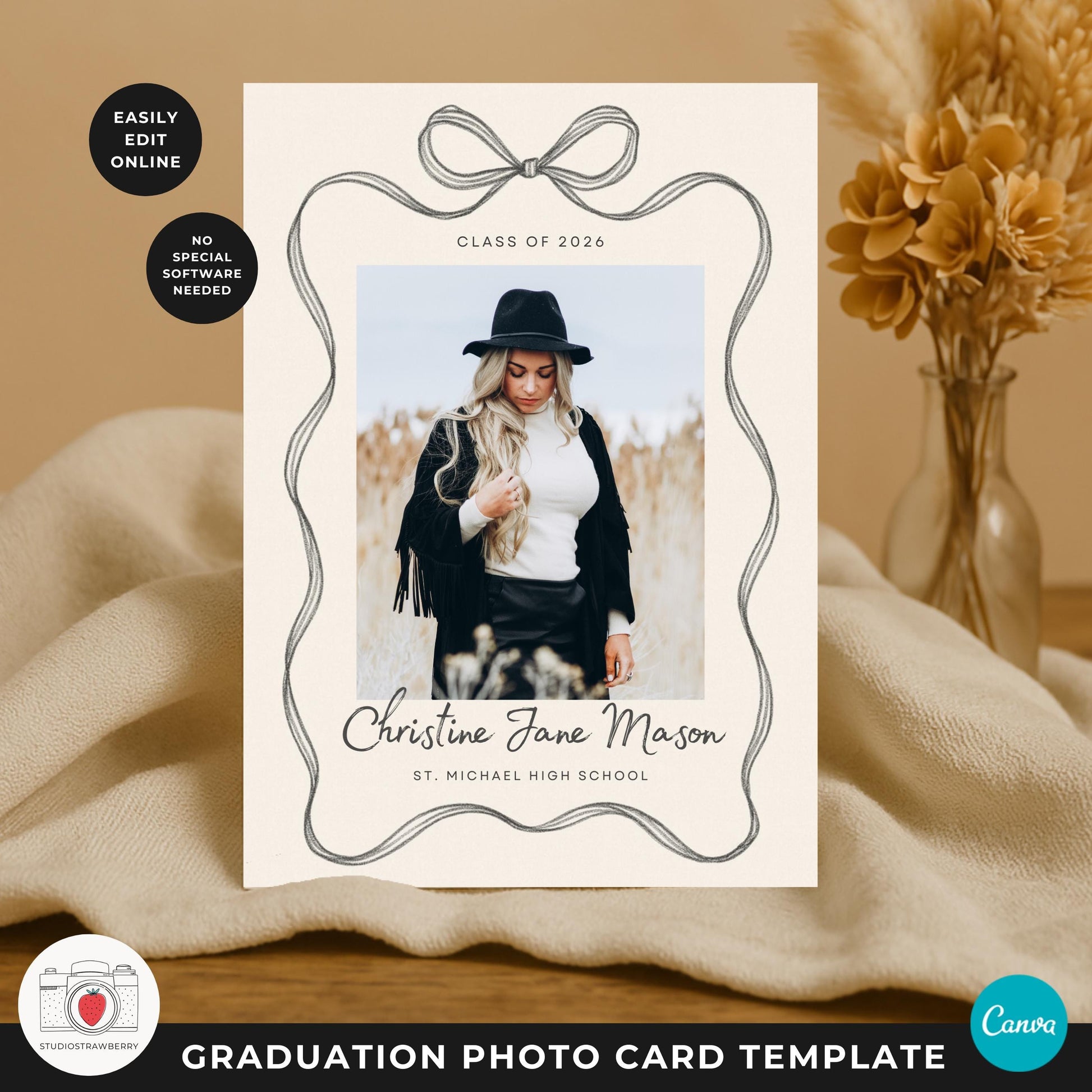 Graduation party invitation card featuring a hand drawn bow design.
