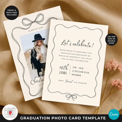 Minimalist bow graduation invitation card with simple hand drawn lines.