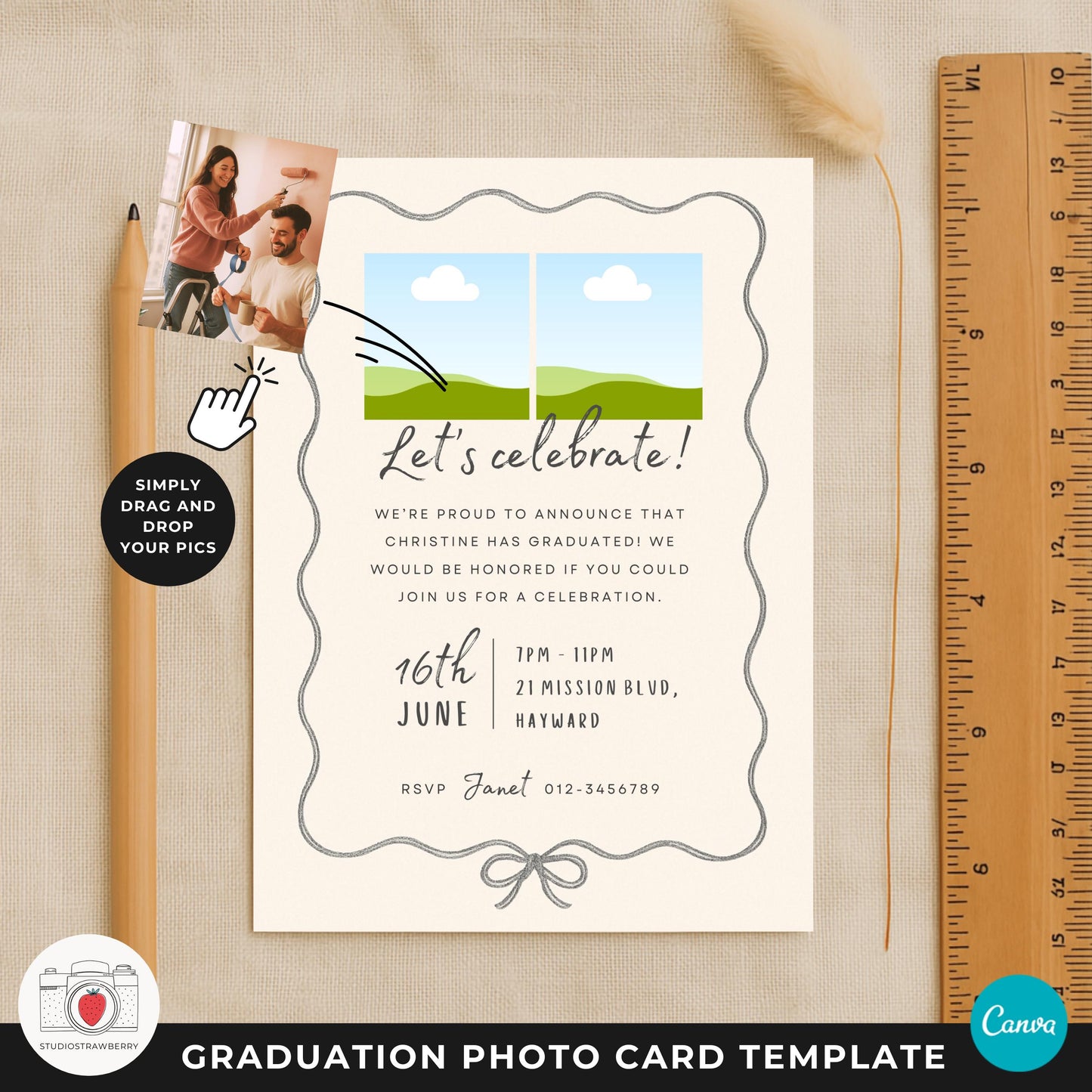 Senior graduation announcement card with elegant bow illustration.