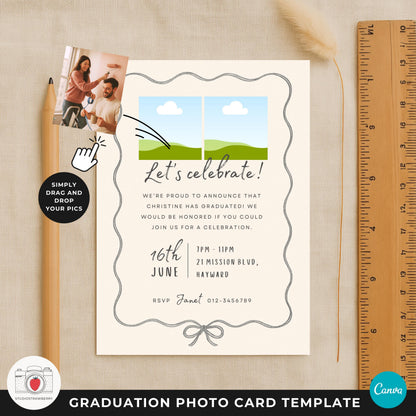 Senior graduation announcement card with elegant bow illustration.