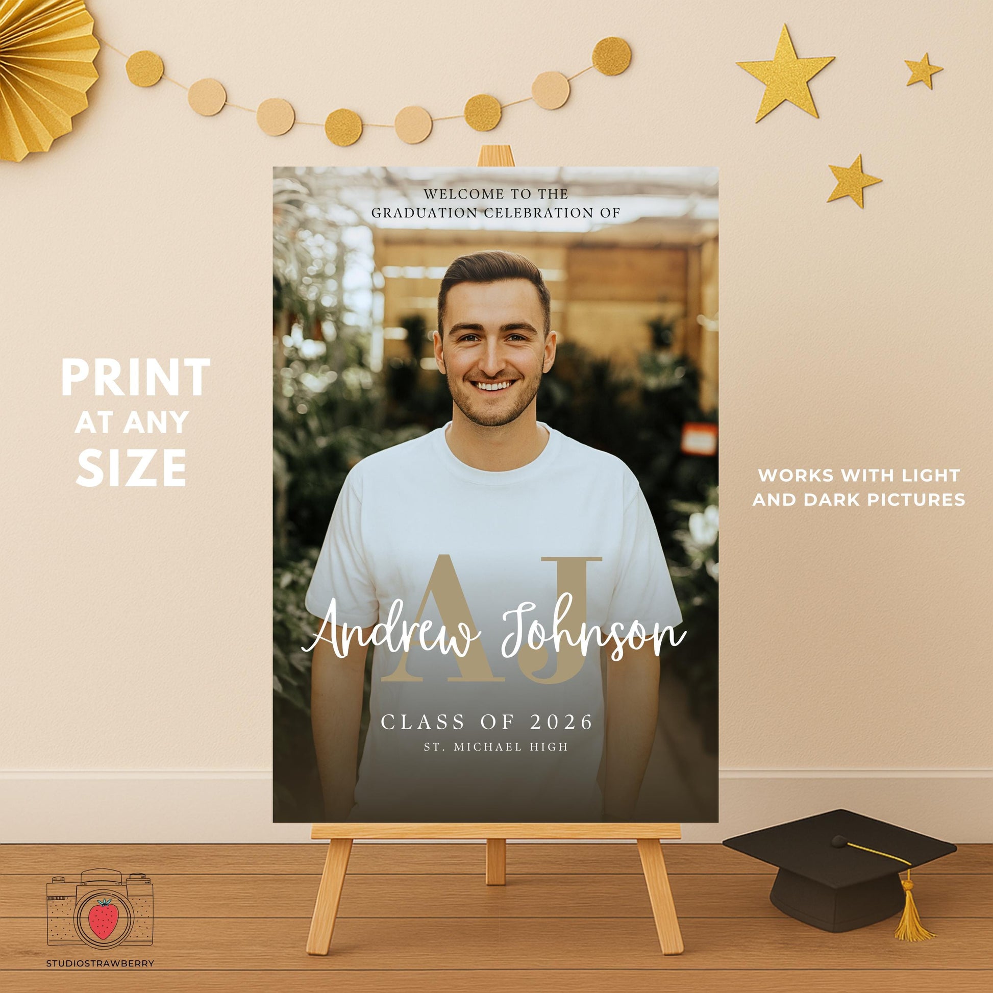 Modern dark graduation welcome poster for boys featuring a large photo and clean monogram styling.