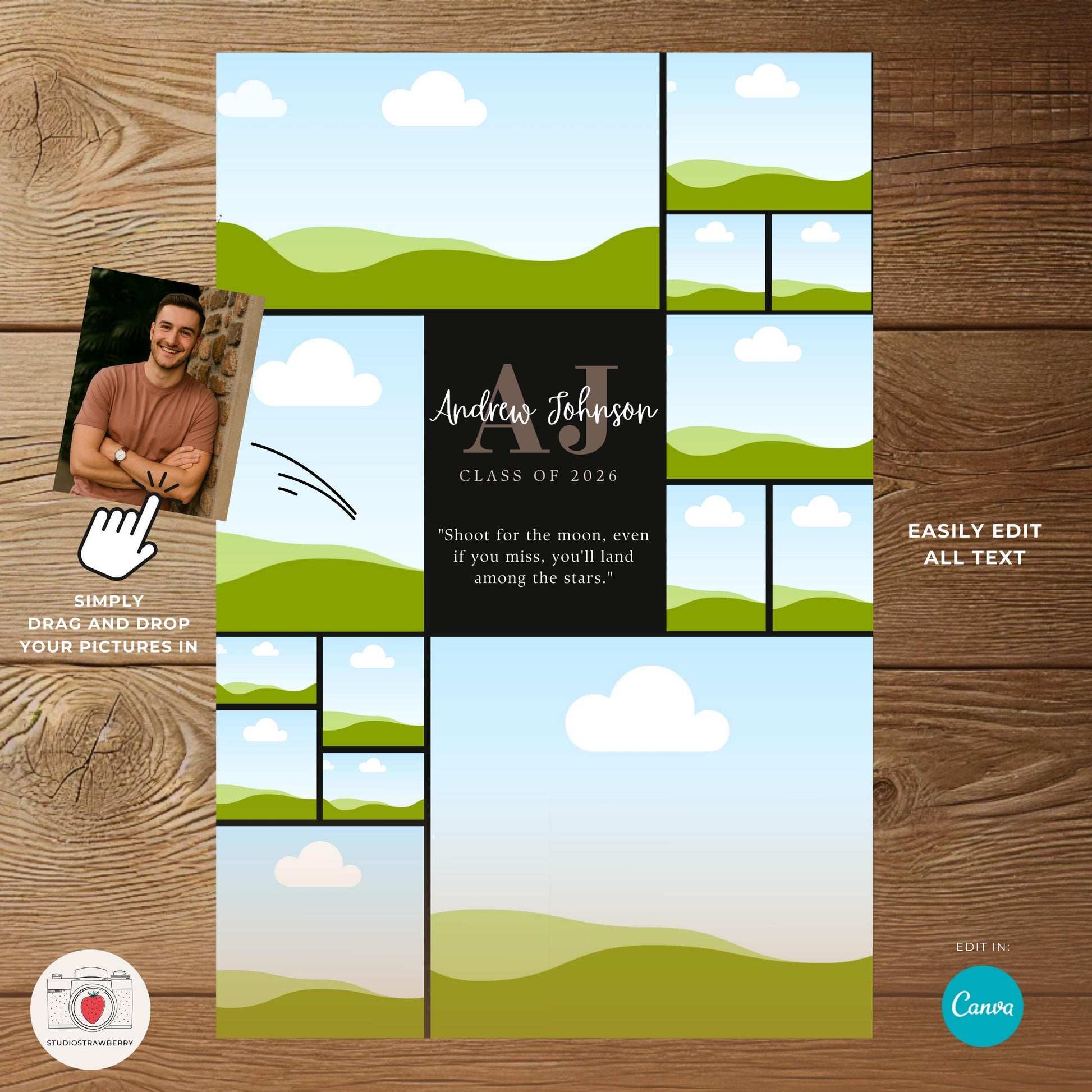 Photo collage graduation welcome sign for him with multiple picture frames and custom text areas.
