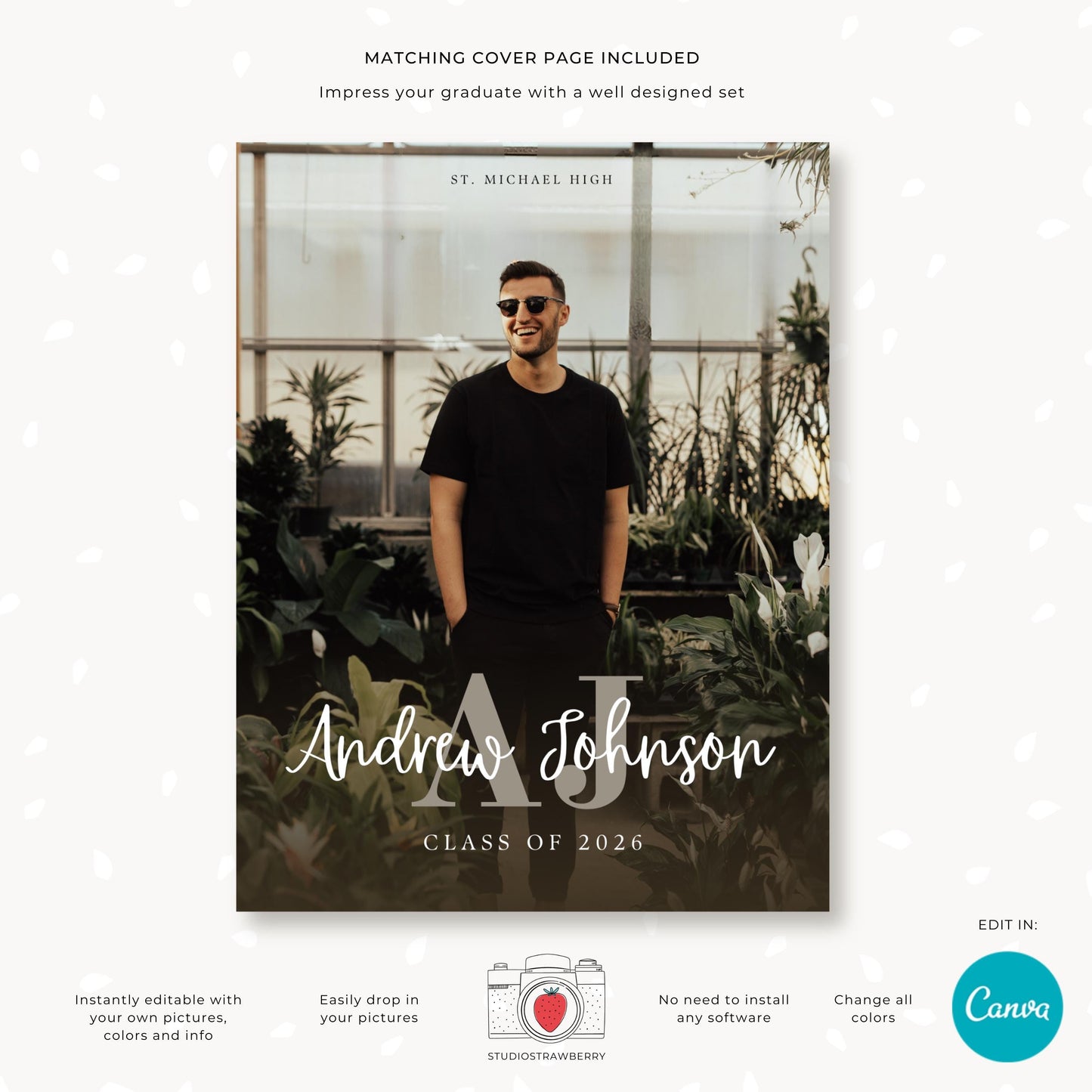 Editable graduation yearbook ad for boys with clean, masculine design.