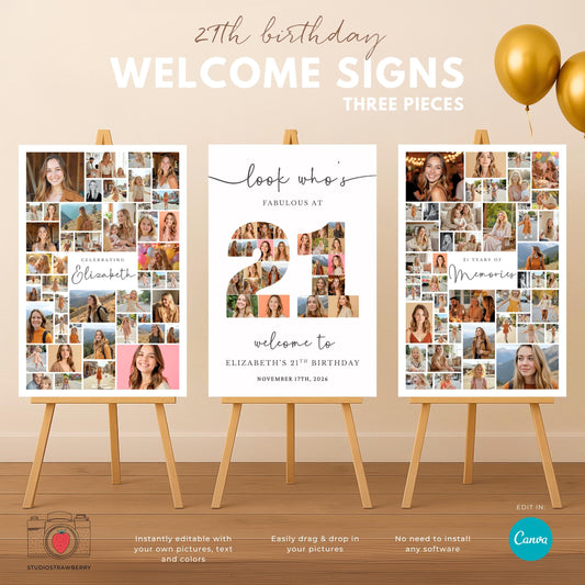 Editable 21st birthday welcome sign set with customizable text and photos.